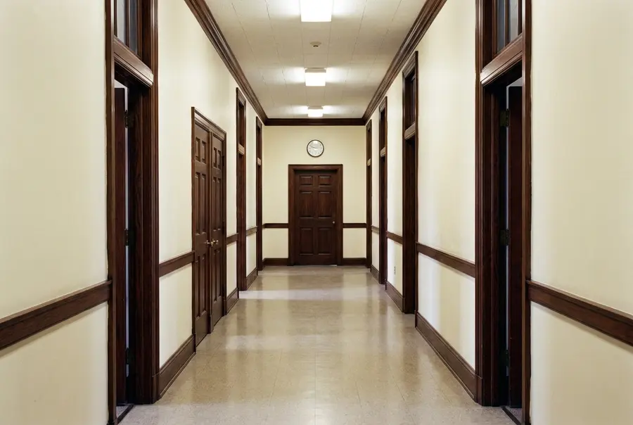Corredor administrativo vazio com portas de madeira escura