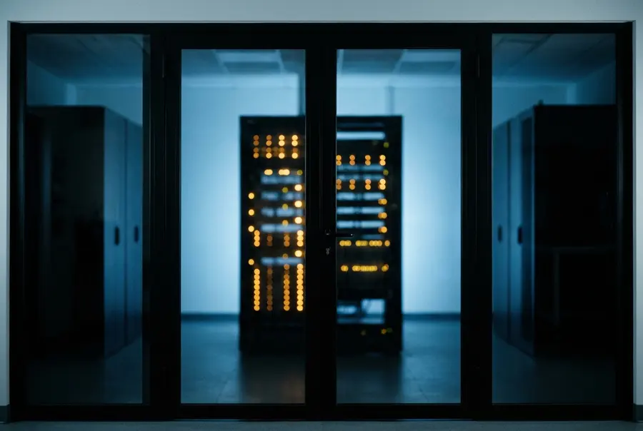 Rack de servidores atrás de portas de vidro escuro