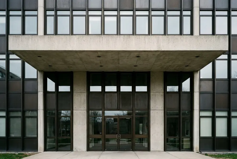 Fachada modernista de concreto com marquise, sem placas